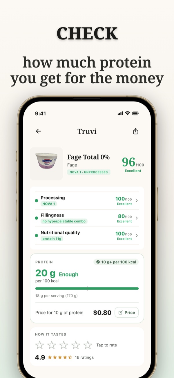 Truvi app showing a product's score